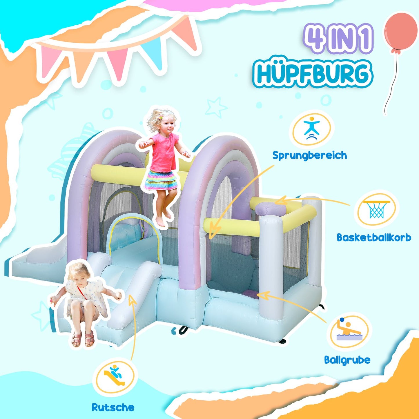 Inflatable bouncy castle with slide and basketball hoop for children