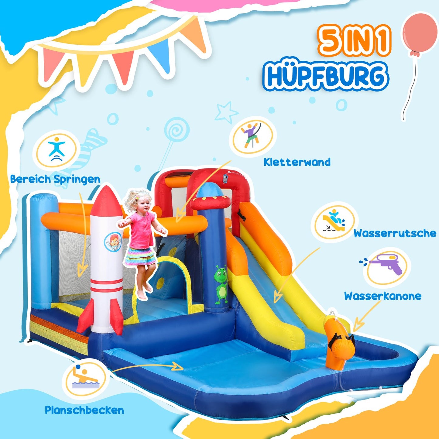 Inflatable bouncy castle with slide and climbing wall, 3-8 years