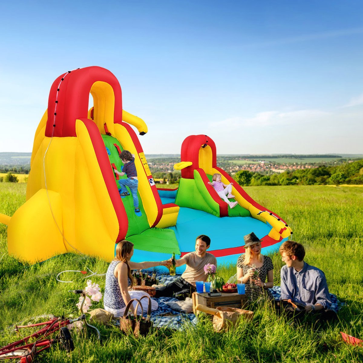 Bouncy castle inflatable water slide children's jumping castle water playground with 2 slides & climbing wall