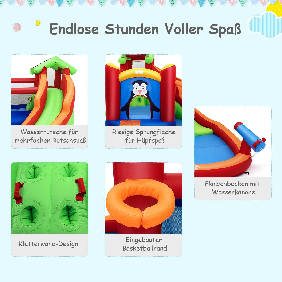 Bouncy castle water park with slide & paddling pool 370 x 300 x 190 cm red