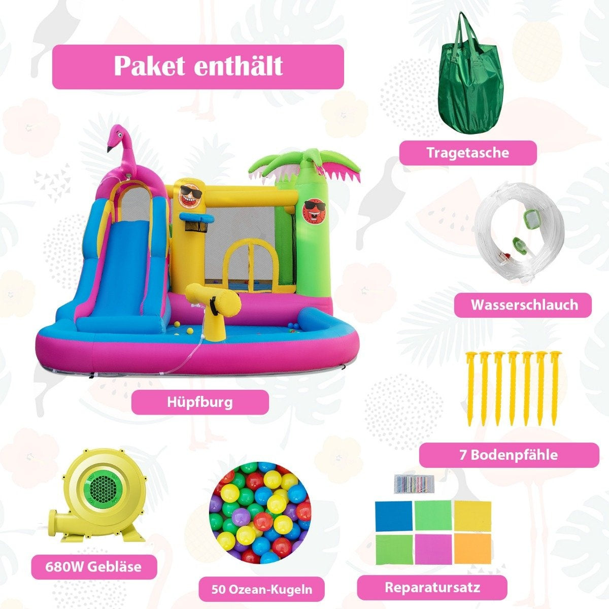 Bouncy castle with blower water park in flamingo theme 450 x 300 x 260 cm