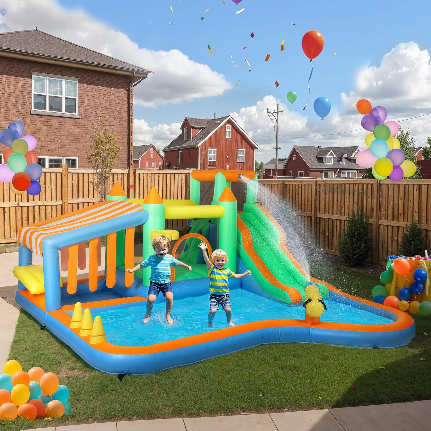Inflatable bouncy castle with slide and water cannon, 3-8 years