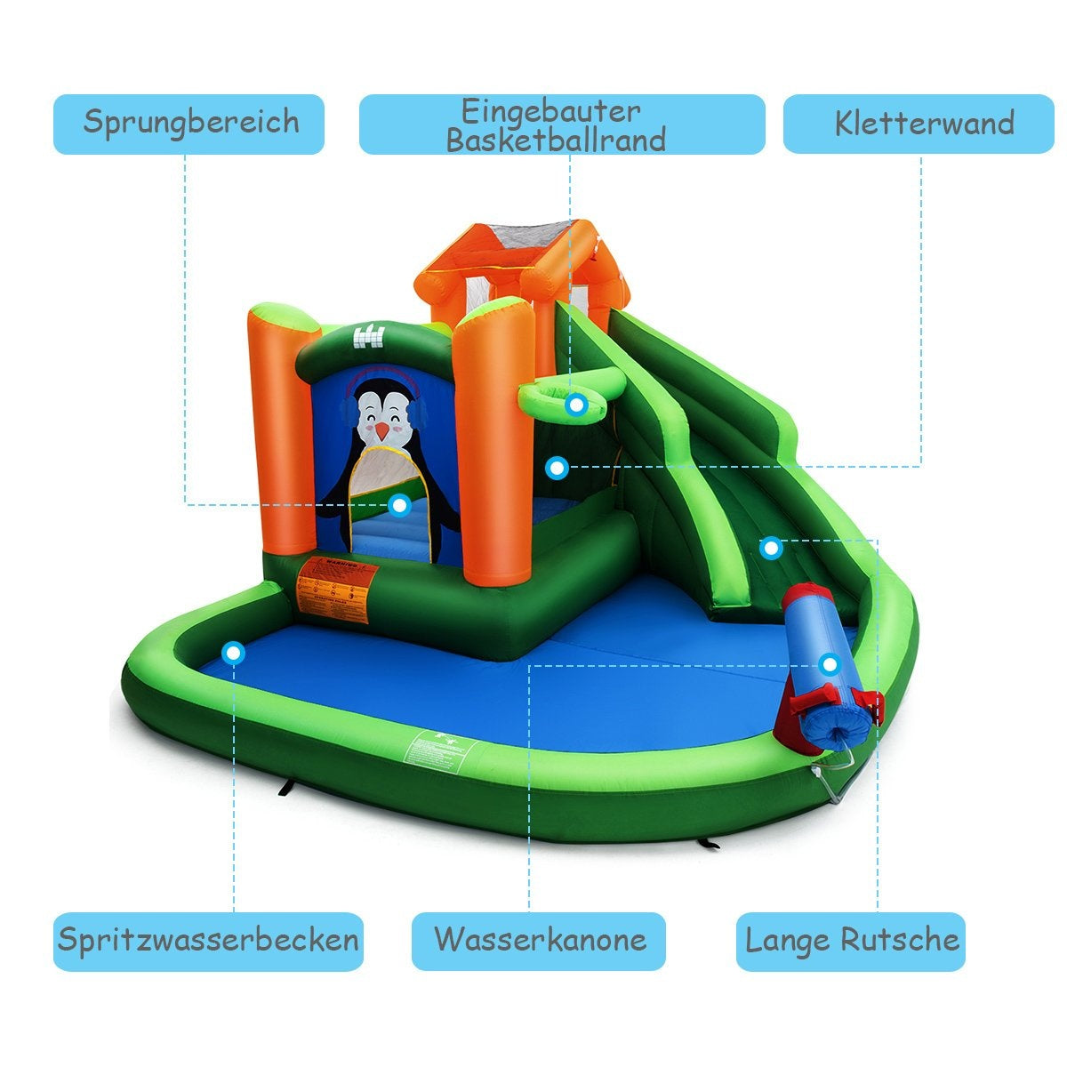Bouncy castle with slide water park for wet & dry use 370 x 300 x 190 cm green