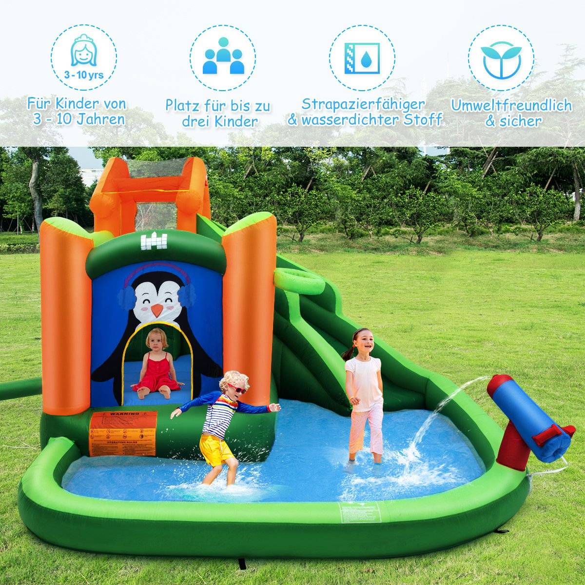 Bouncy castle with slide water park for wet & dry use 370 x 300 x 190 cm green