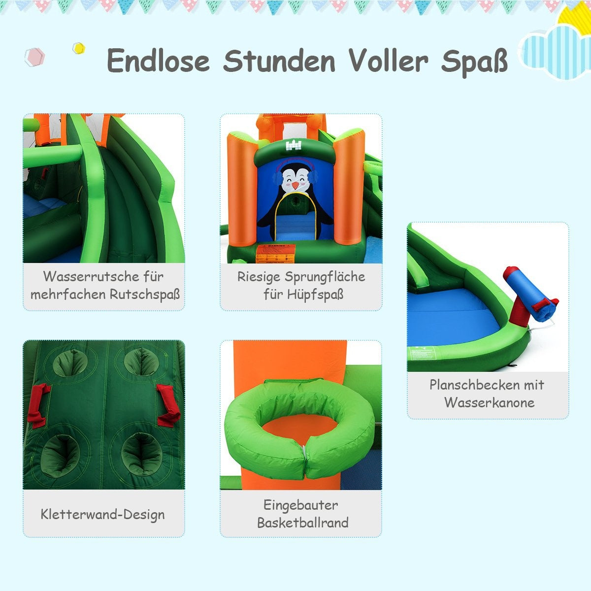 Bouncy castle with slide water park for wet & dry use 370 x 300 x 190 cm green