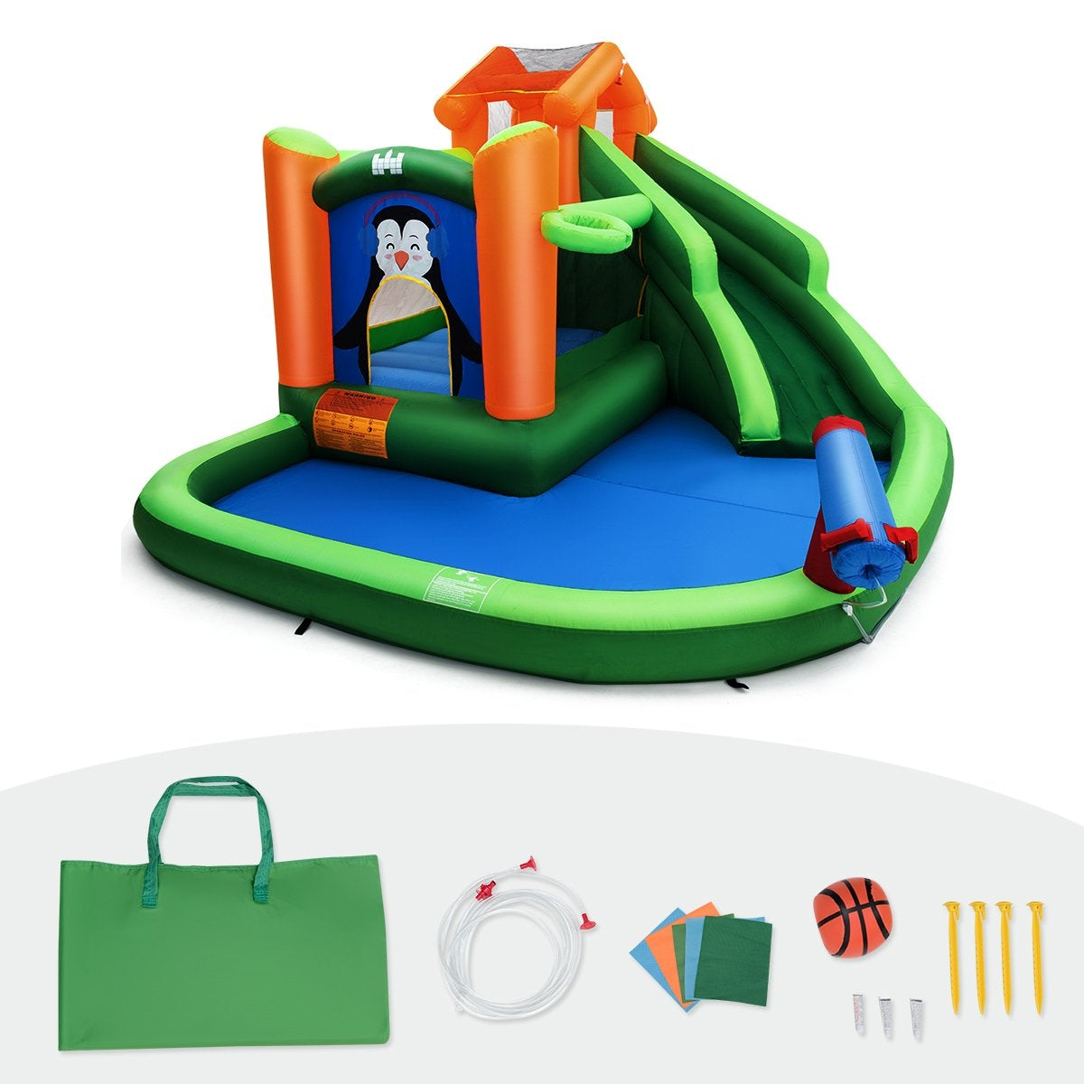 Bouncy castle with slide water park for wet & dry use 370 x 300 x 190 cm green