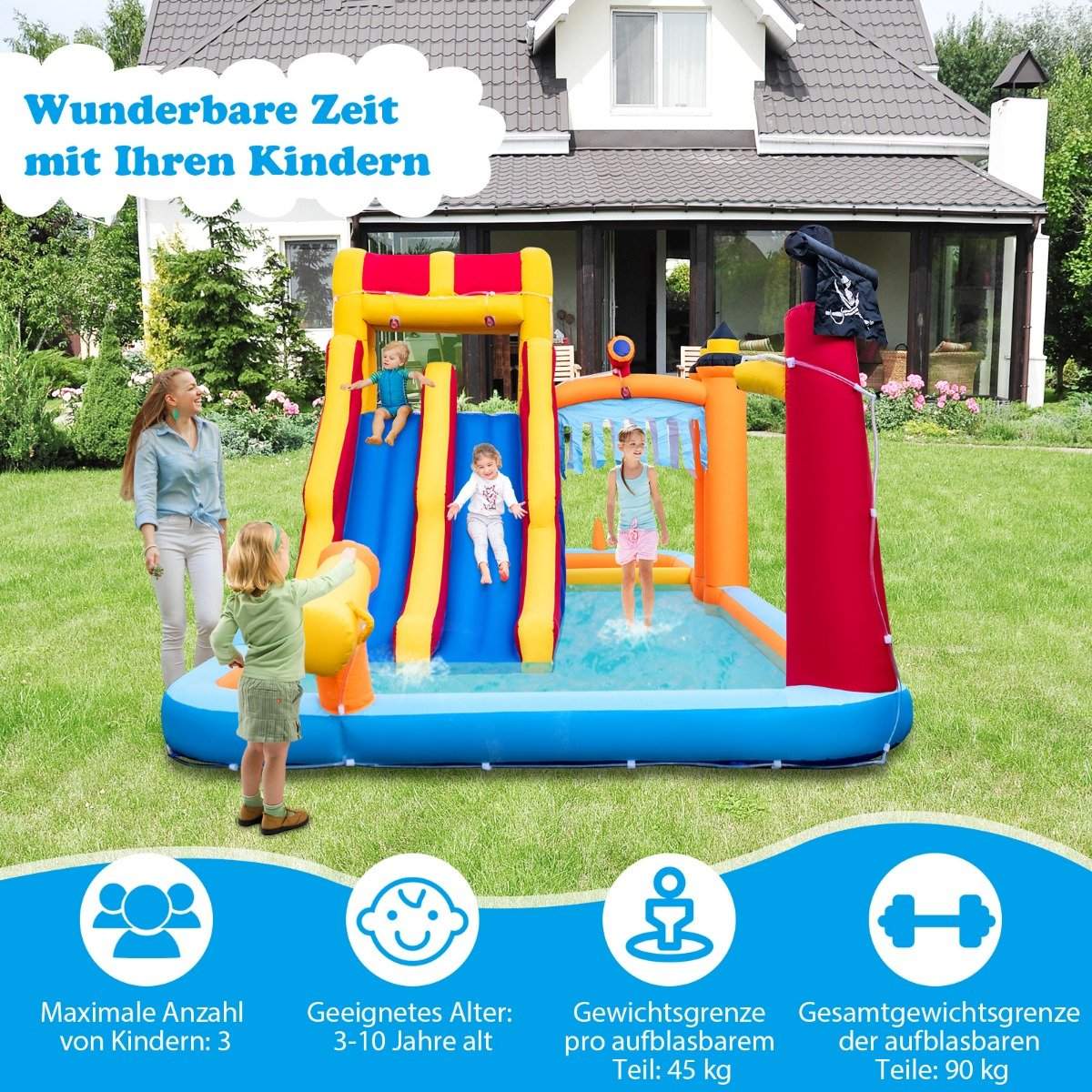 Bouncy castle with two slides, climbing wall, crawl space, water cannon & paddling pool 693 x 295 x 263 cm