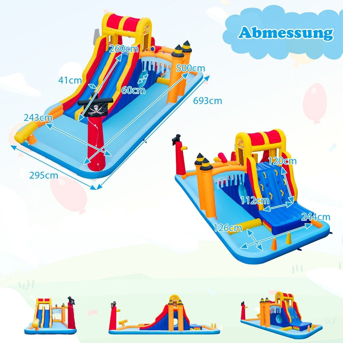 Bouncy castle with two slides, climbing wall, crawl space, water cannon & paddling pool 693 x 295 x 263 cm