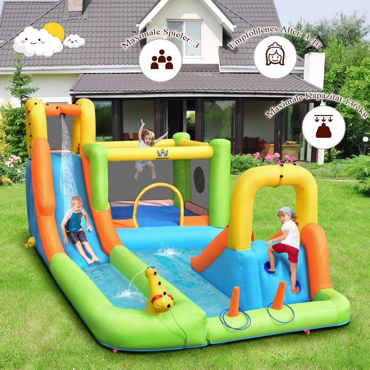Bouncy castle with water park & 2 slides & climbing wall & basketball hoop 503 x 290 x 216 cm