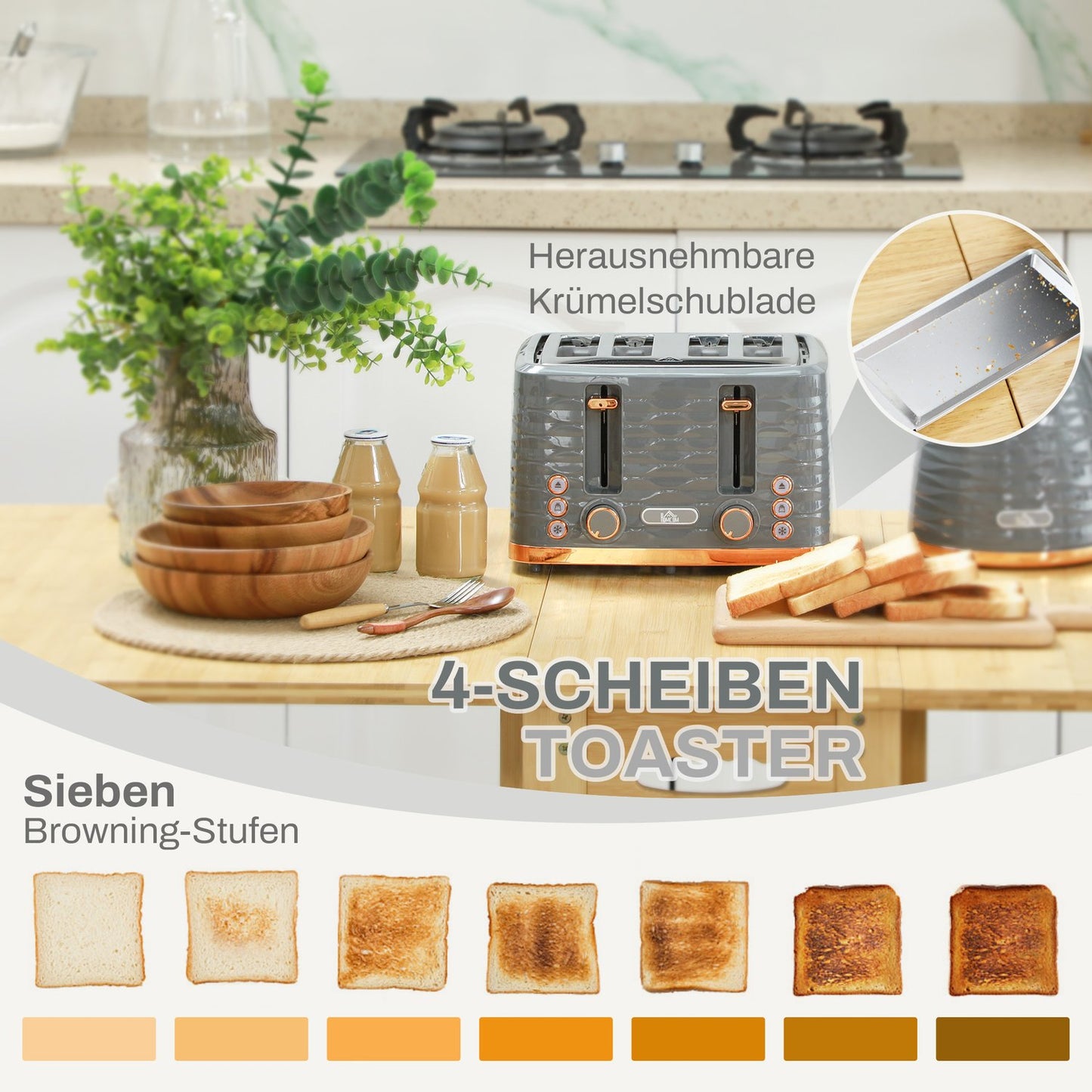 Breakfast set: 1.5 L kettle and toaster with 4 slices, gray