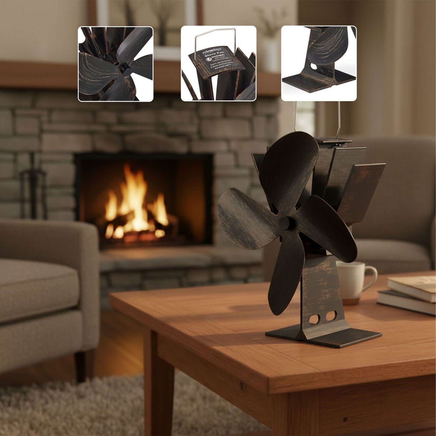Bronze colored stove fan without electricity