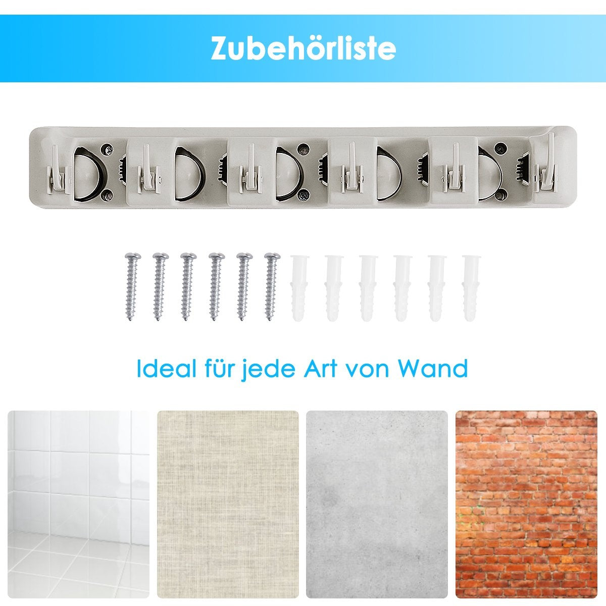 Broom holder with 6 foldable hooks & 5 quick release mop holder, broom holder, device holder