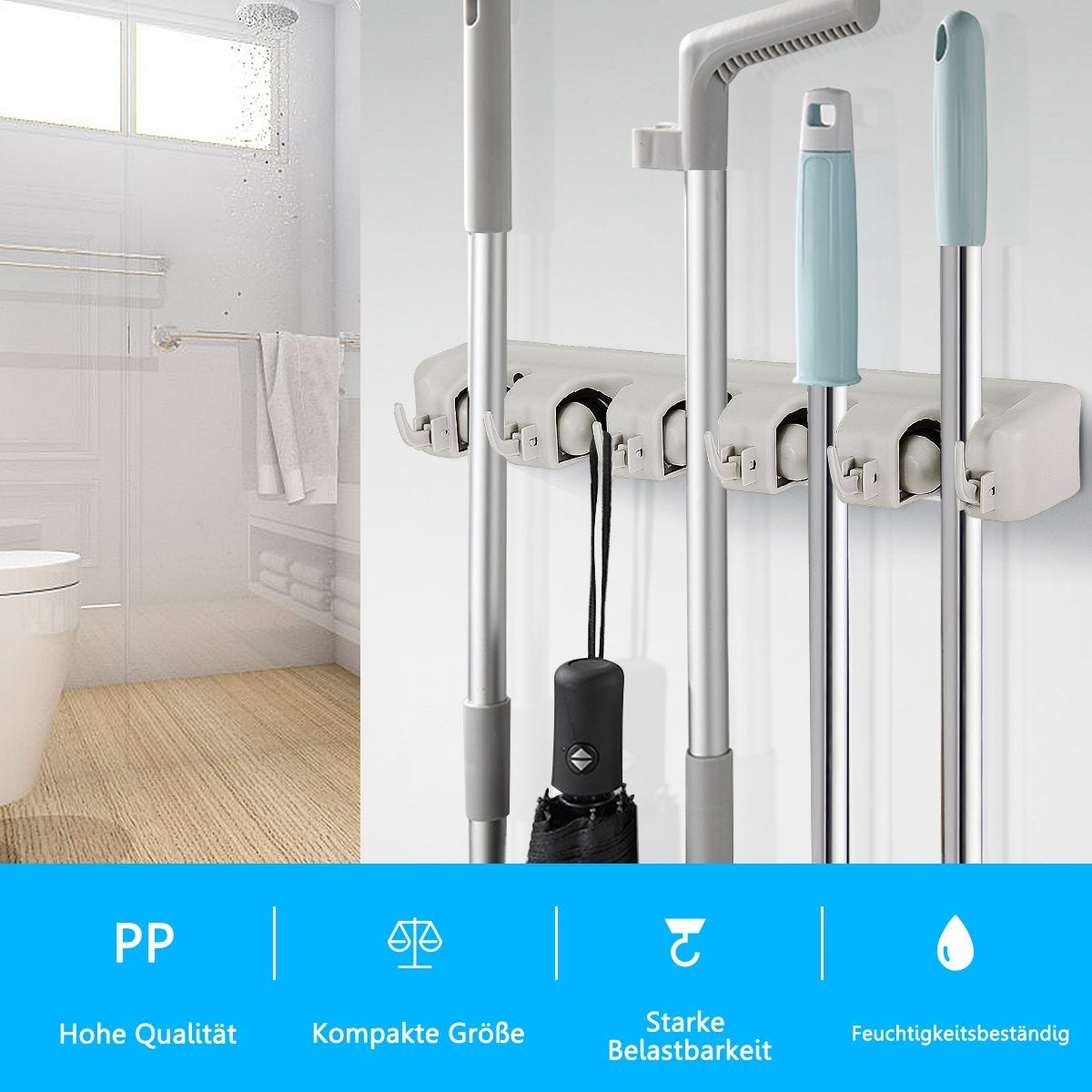 Broom holder with 6 foldable hooks & 5 quick release mop holder, broom holder, device holder