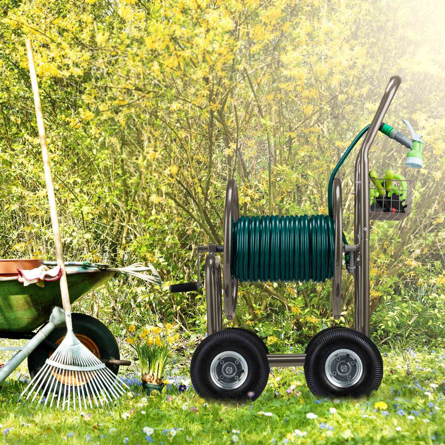 Brown 4 Wheel Hose Trolley