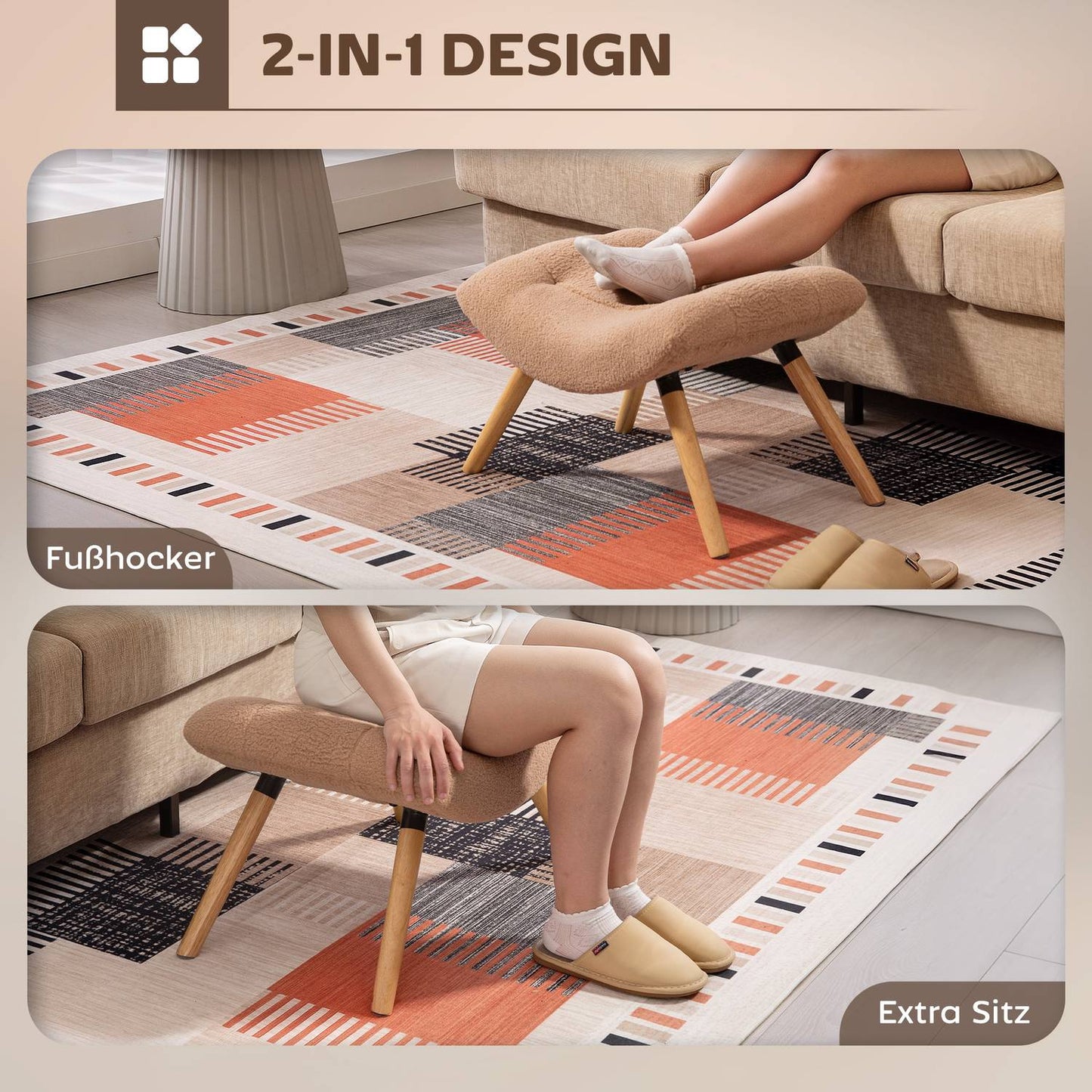 Brown Upholstered Footstool with Fleece Cover & Wood Legs