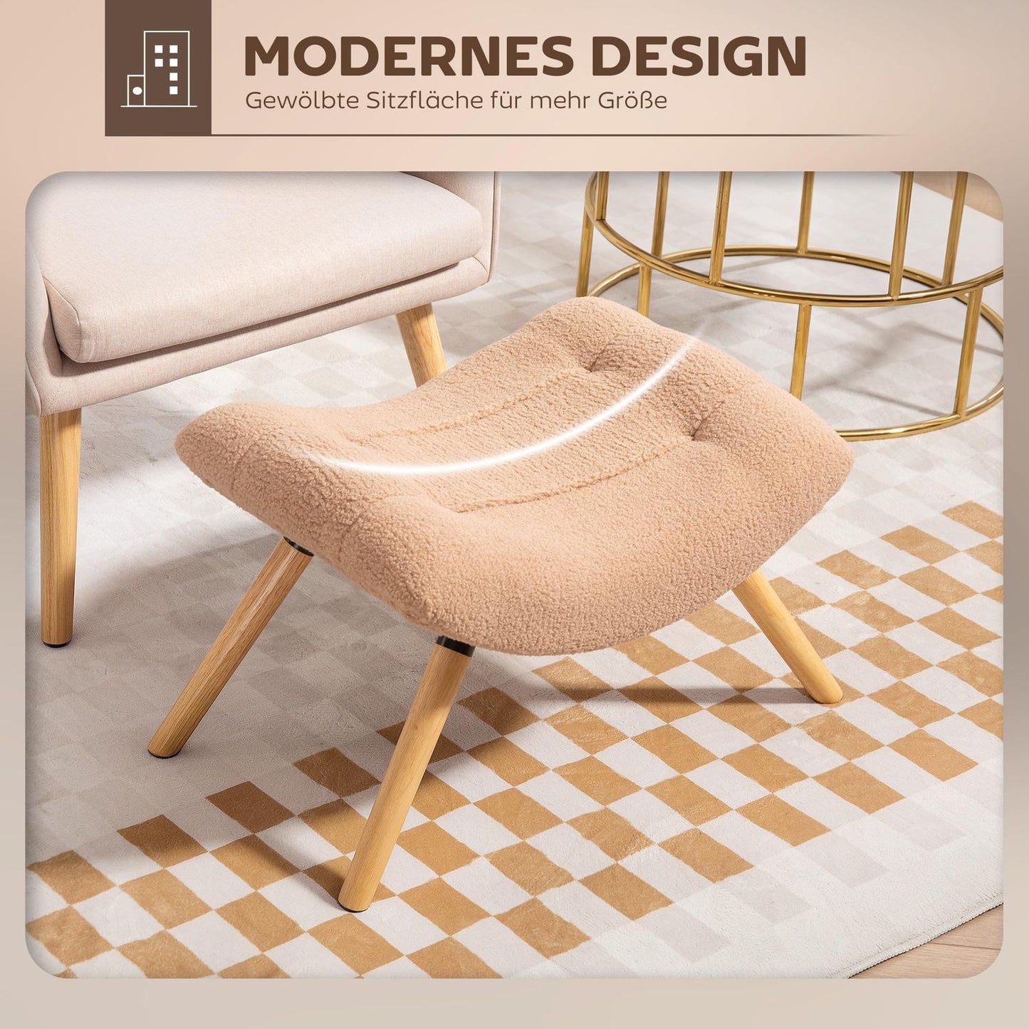 Brown Upholstered Footstool with Fleece Cover & Wood Legs