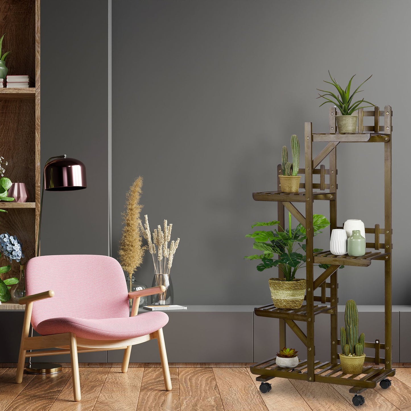 Brown bamboo plant shelf 5 shelves