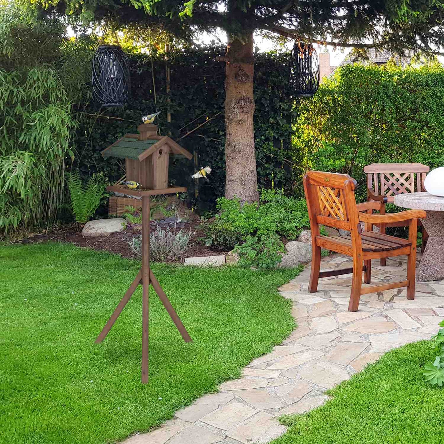 Brown bird table on pole