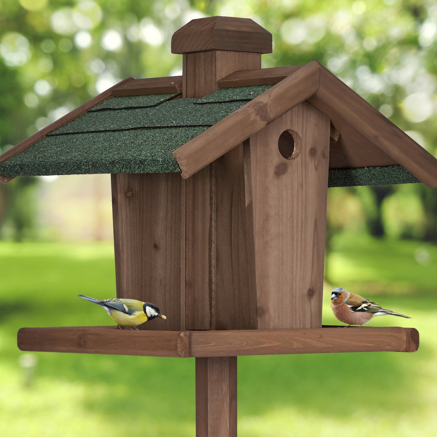 Brown bird table on pole