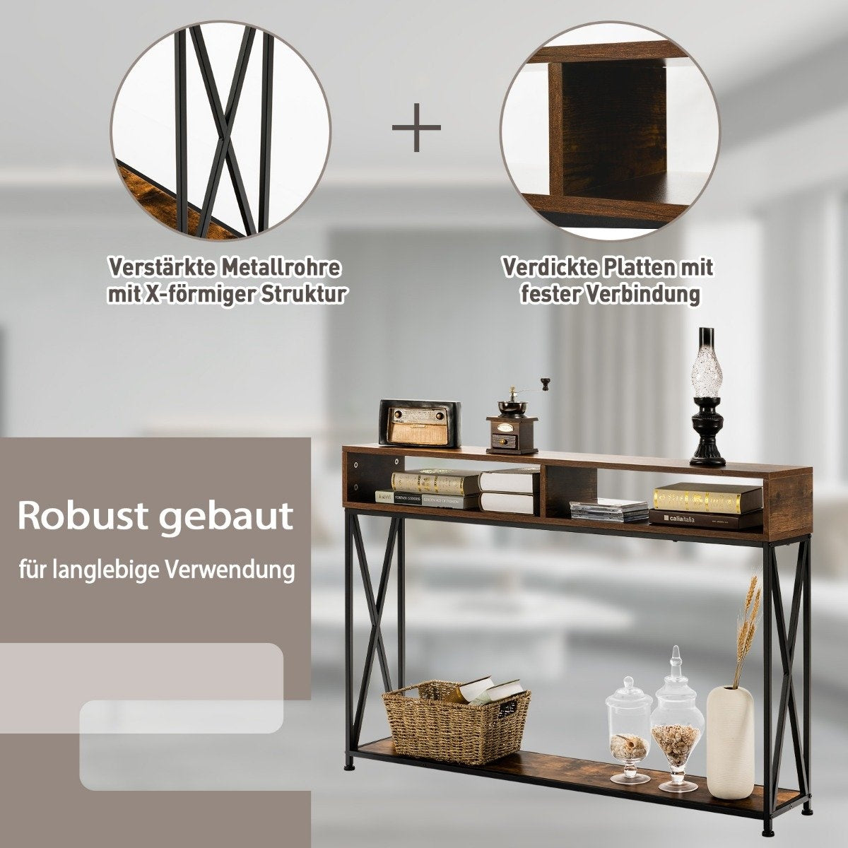 Brown console table with open shelf and steel frame 120 x 23 x 79 cm