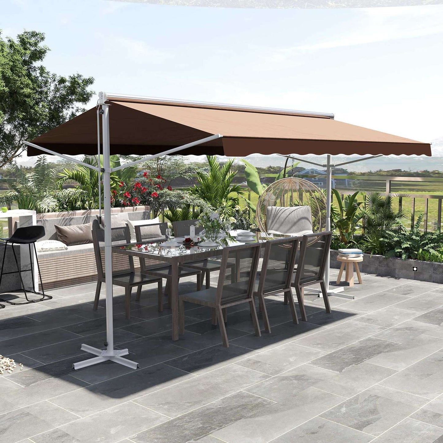 Brown patio awning with folding arm, 4x3M garden screen