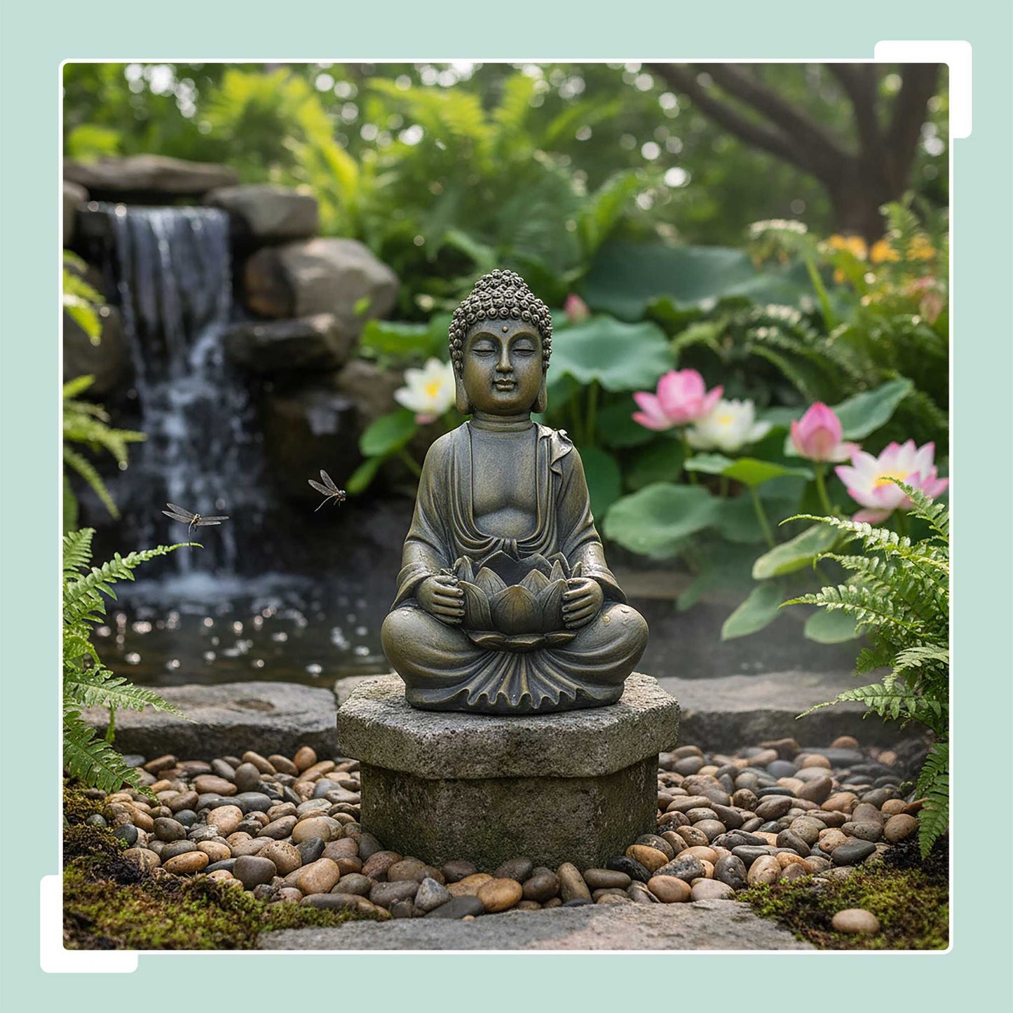 Buddha Statue 30cm with Lotus, Weatherproof Polyresin