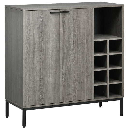 Gray buffet cabinet with wine rack, adjustable shelves