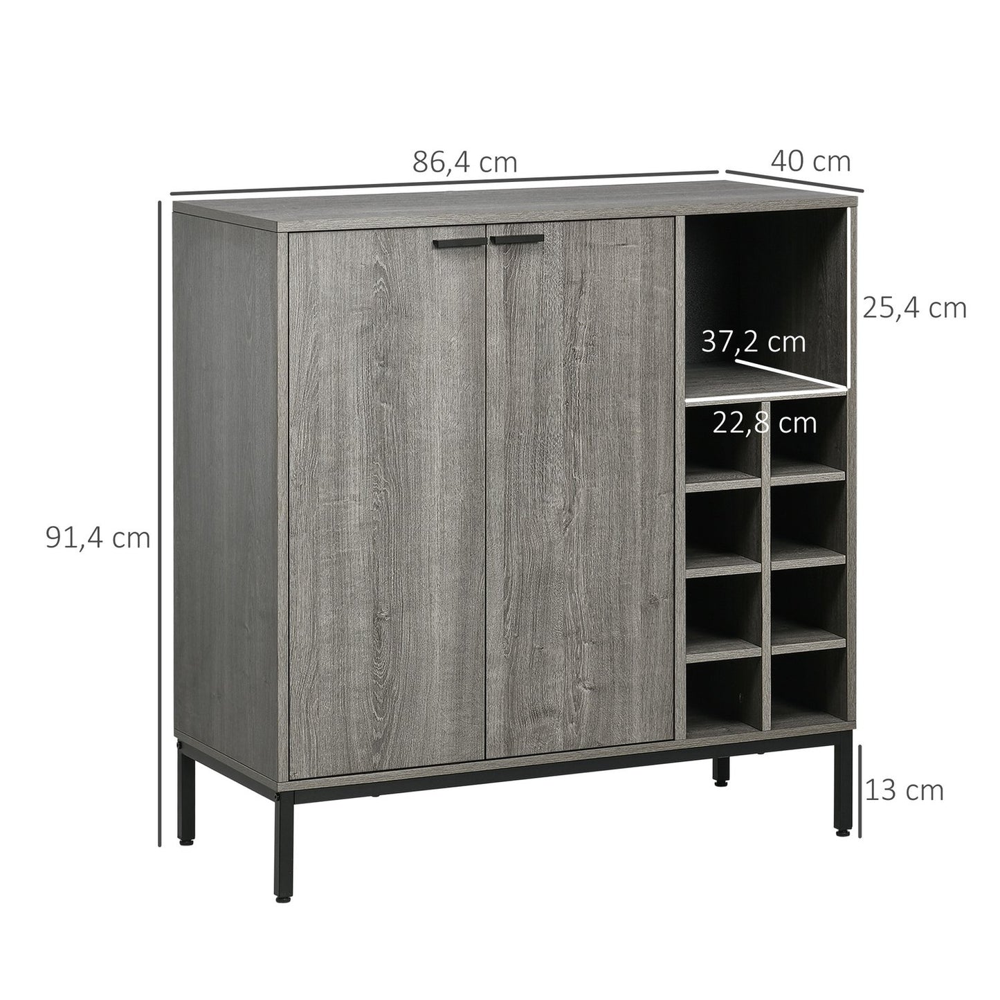 Gray buffet cabinet with wine rack, adjustable shelves