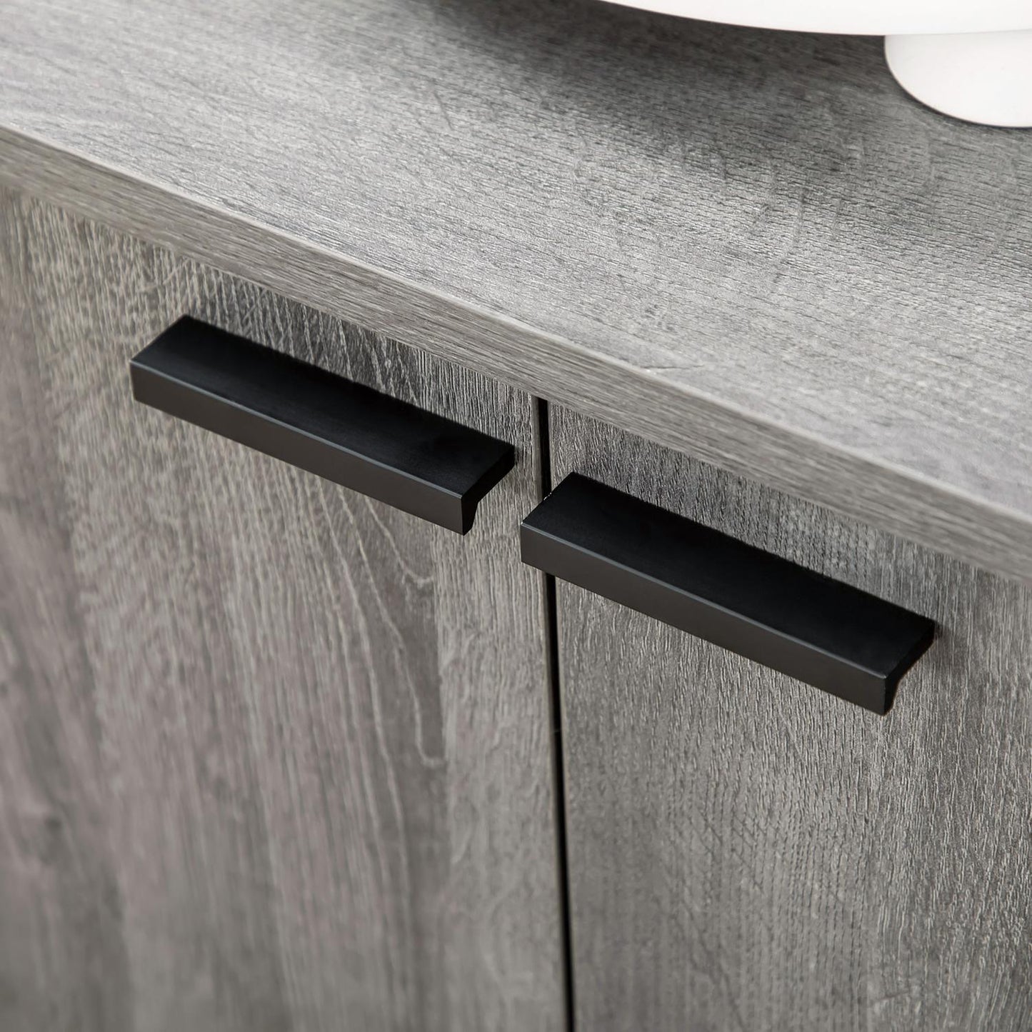 Gray buffet cabinet with wine rack, adjustable shelves