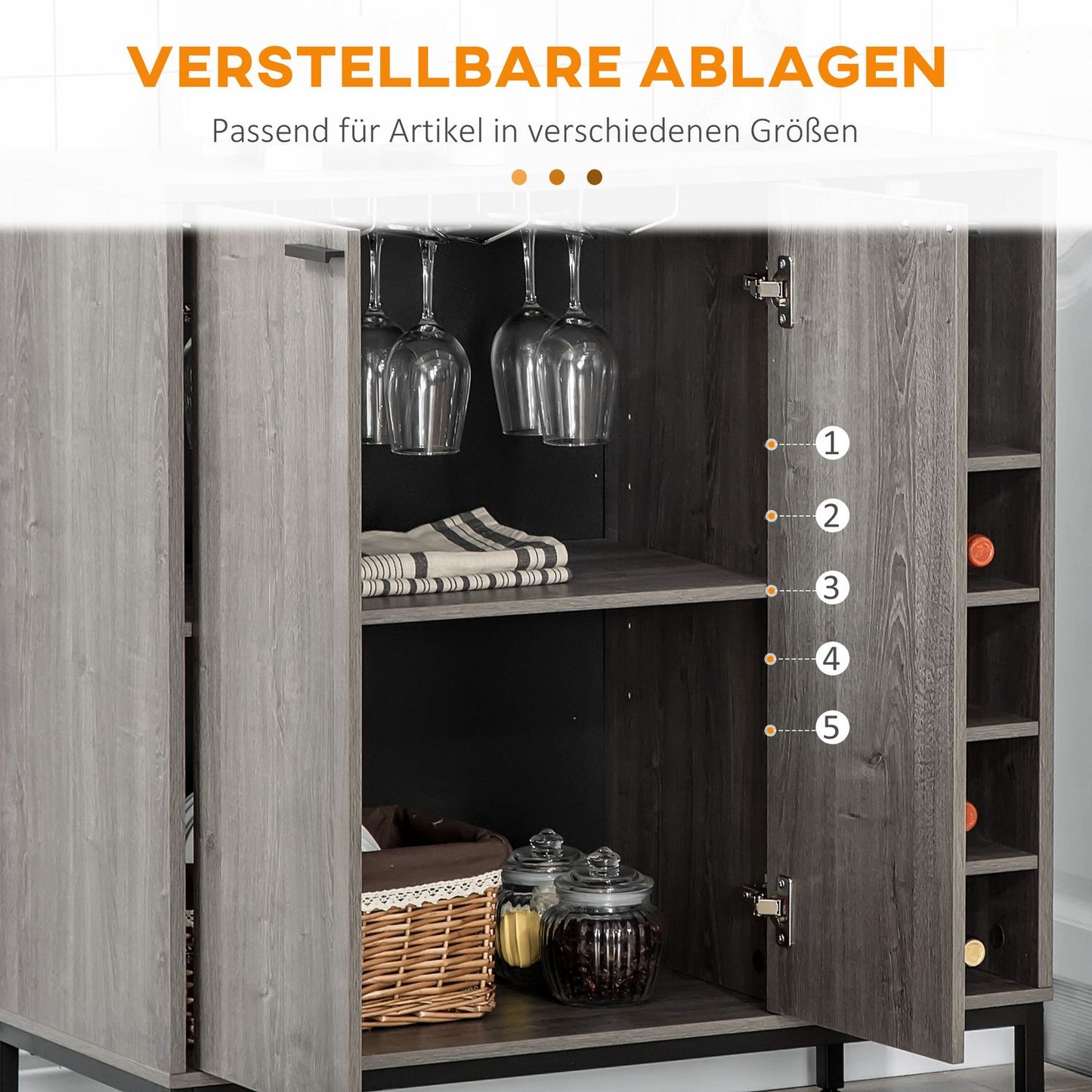 Gray buffet cabinet with wine rack, adjustable shelves