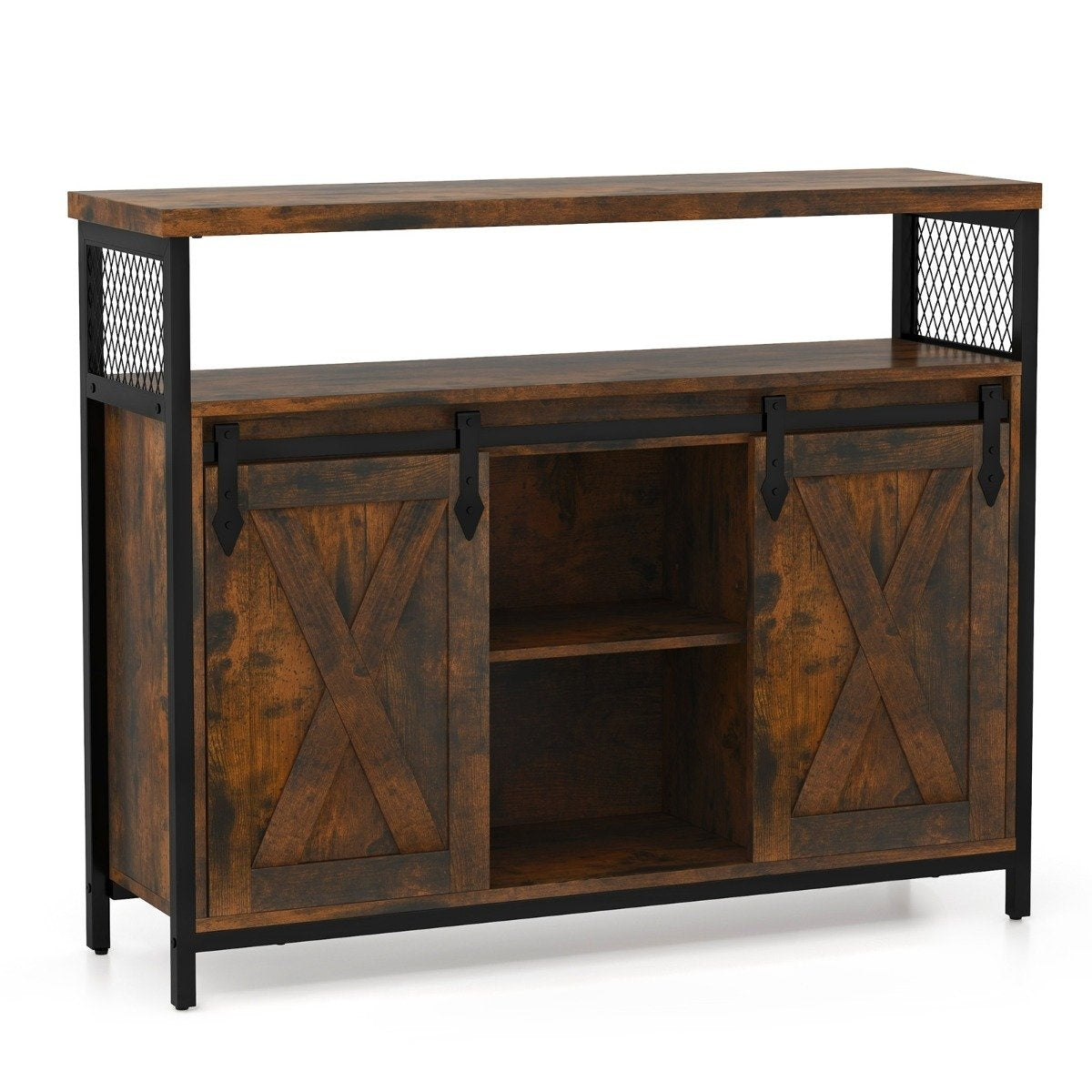 Buffet cabinet with 3-tier adjustable shelves & sliding doors & open compartments in farmhouse style