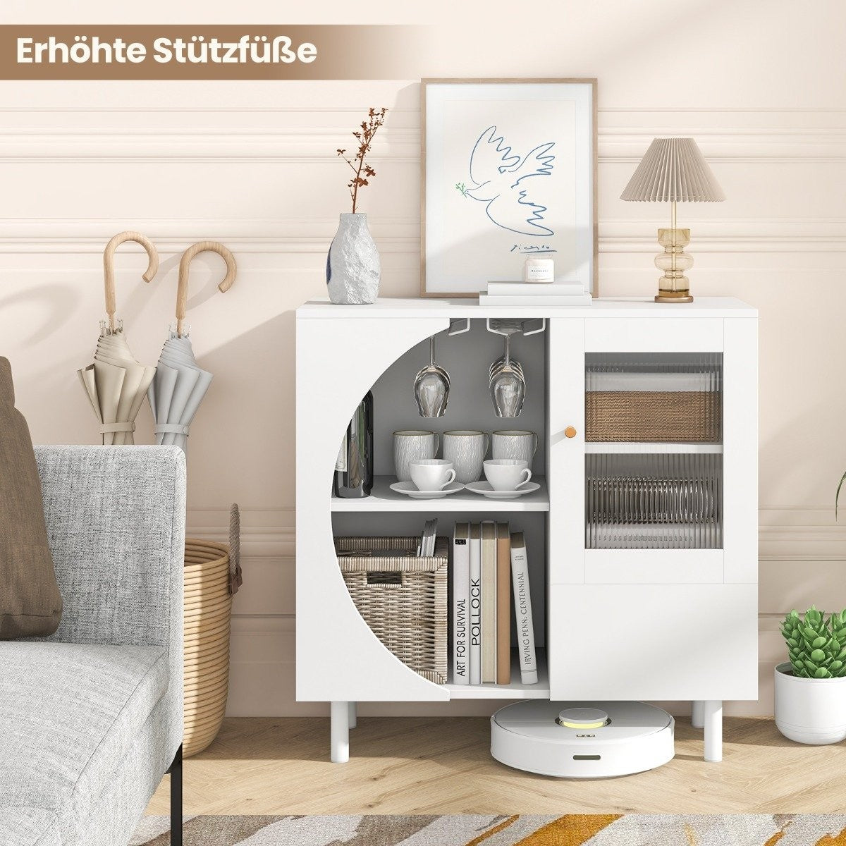 Buffet cabinet with glass door & open shelf & metal legs sideboard 80 x 30 x 80 cm white