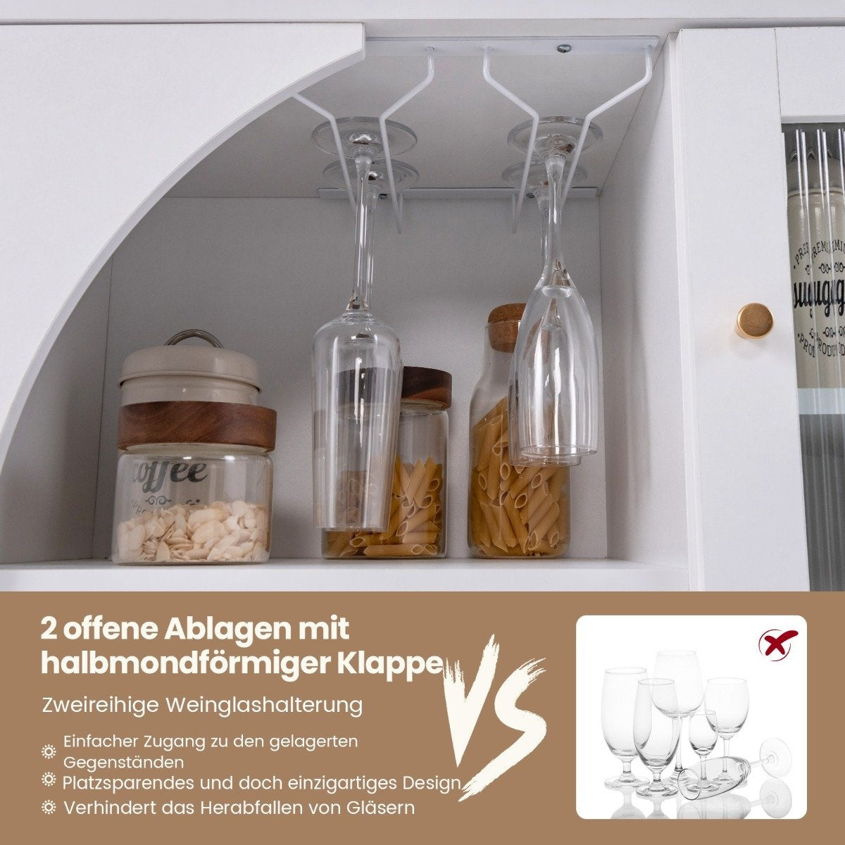 Buffet cabinet with glass door & open shelf & metal legs sideboard 80 x 30 x 80 cm white