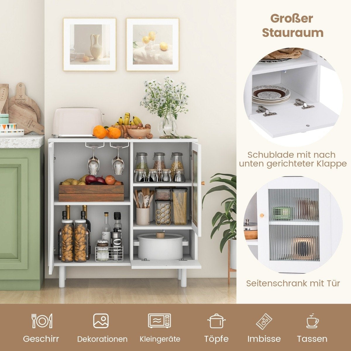 Buffet cabinet with glass door & open shelf & metal legs sideboard 80 x 30 x 80 cm white