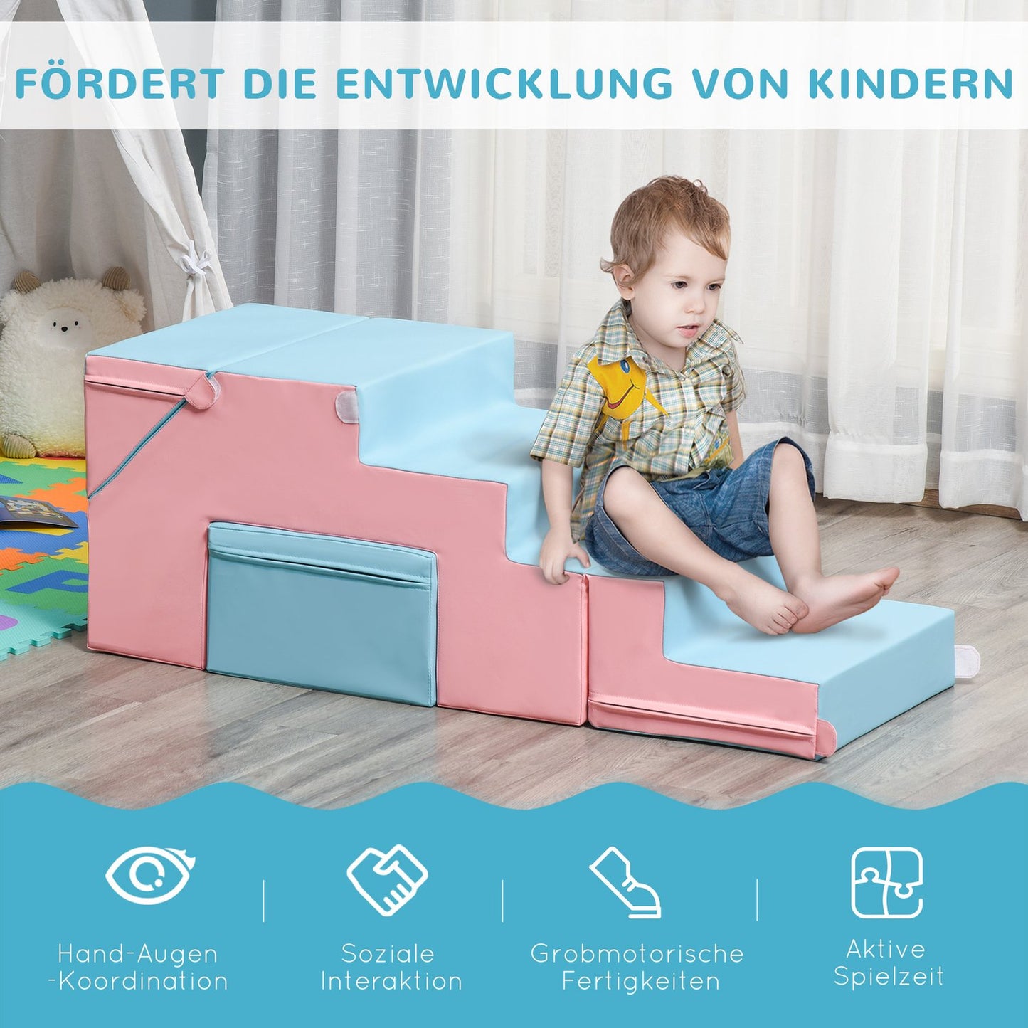 Foam building blocks, table and chairs, reconfigurable, pink/blue