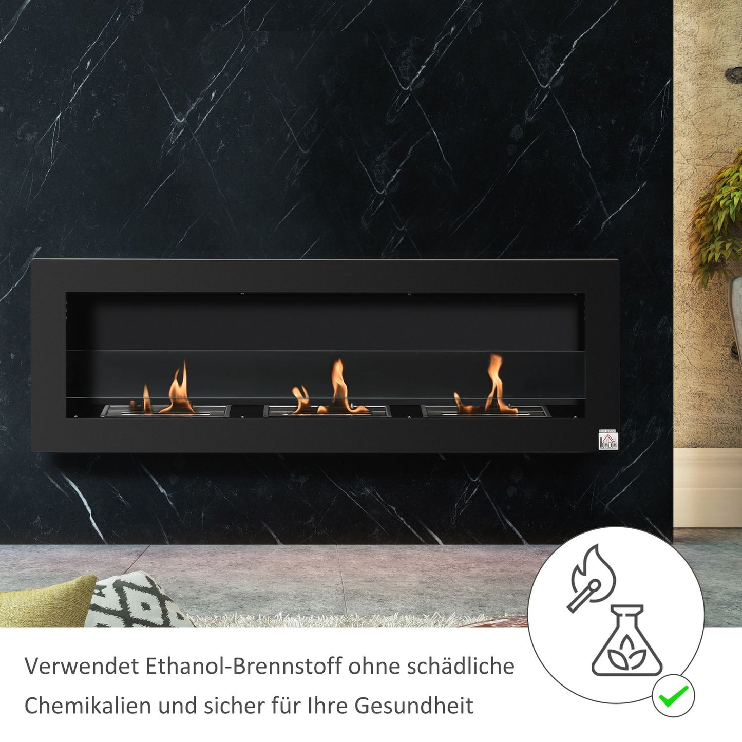 Built-In Ethanol Fireplace, 3 Burners, 120cm, Black