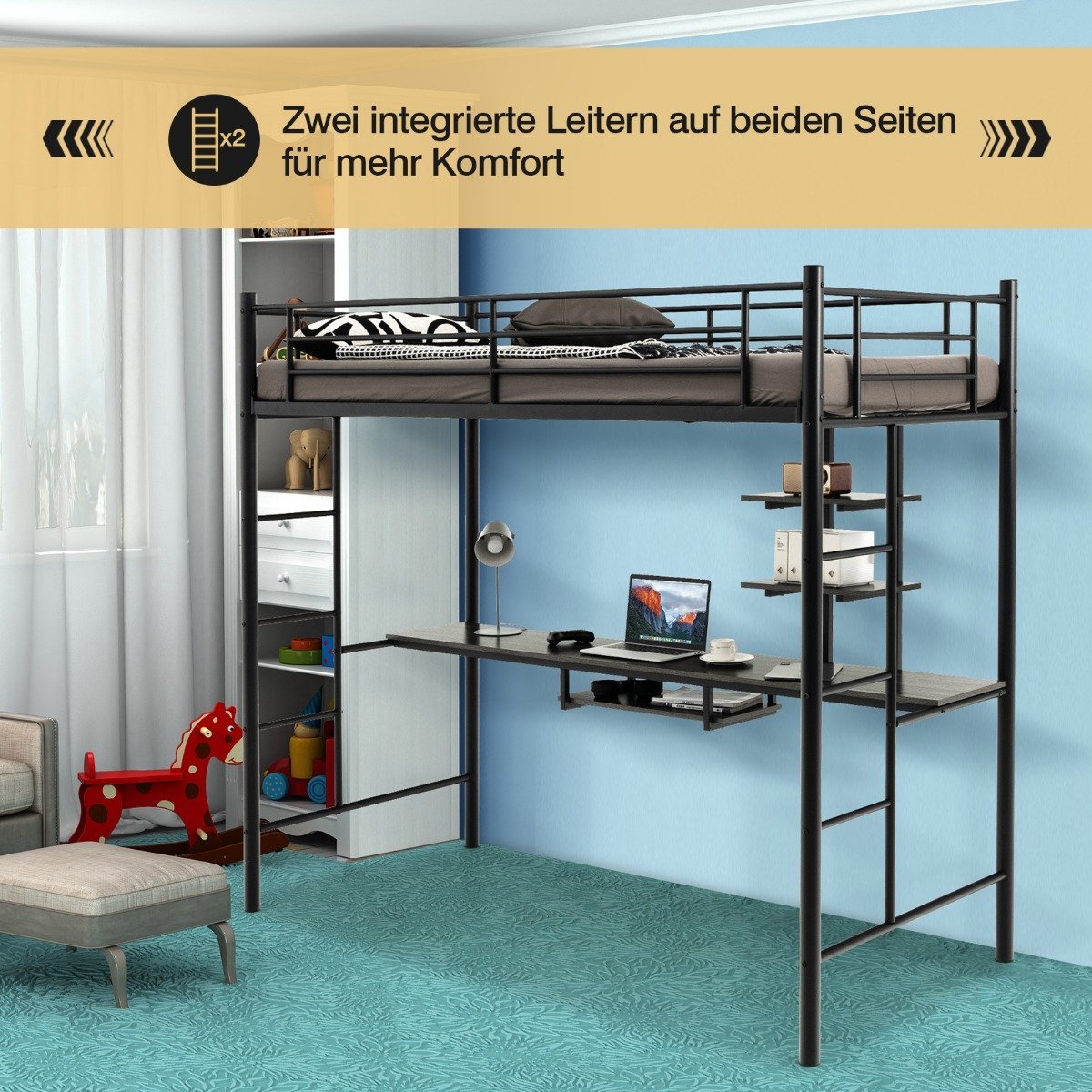 Bunk bed frame loft bed made of metal with desk ladders and railing black