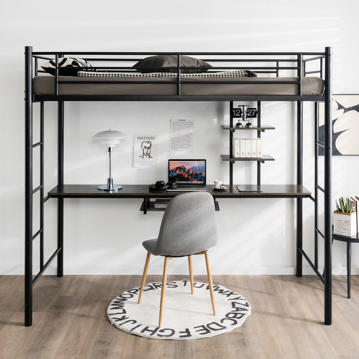 Bunk bed frame loft bed made of metal with desk ladders and railing black