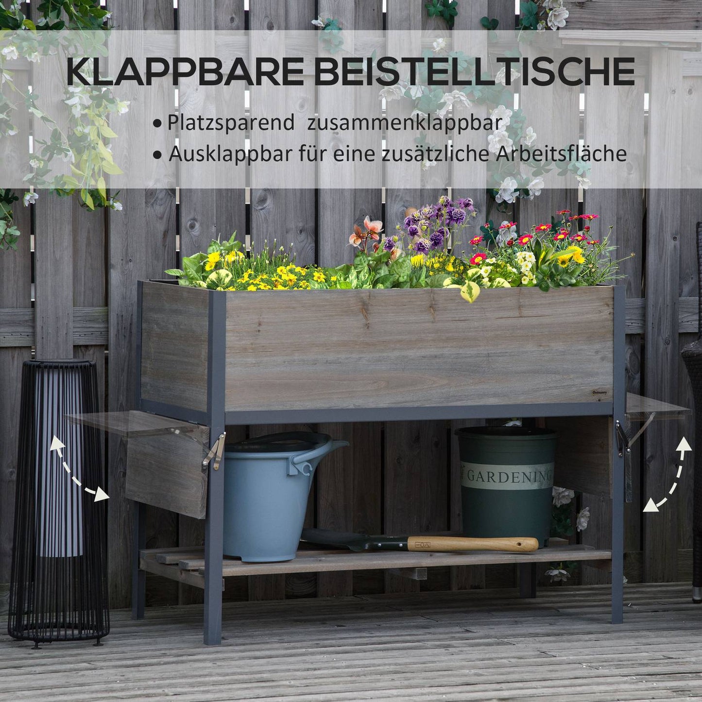 Raised bed pot with collapsible shelves, solid wood, 140cm