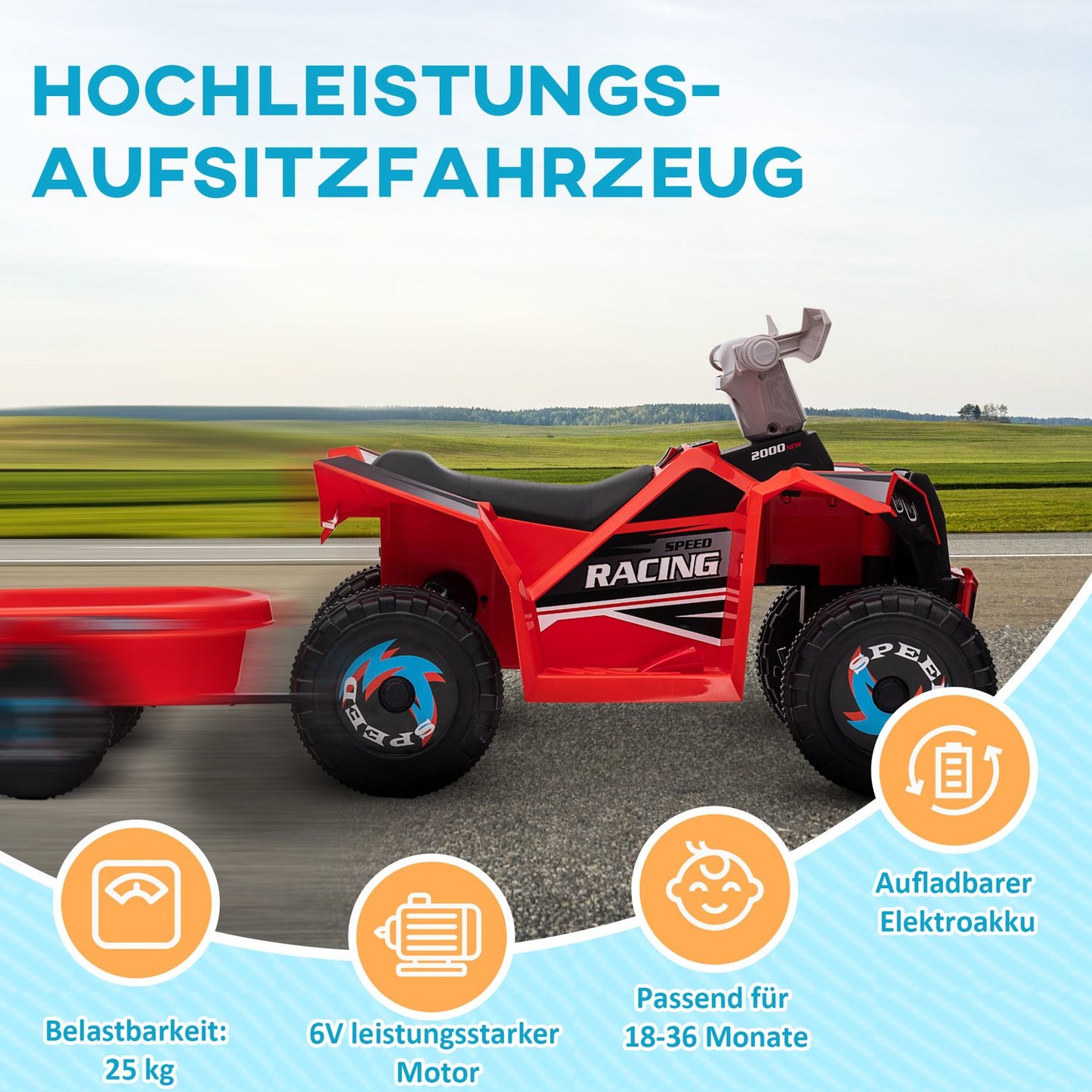 Electric quad bike with trailer, Reversible gear, Red, 25 kg Capacity