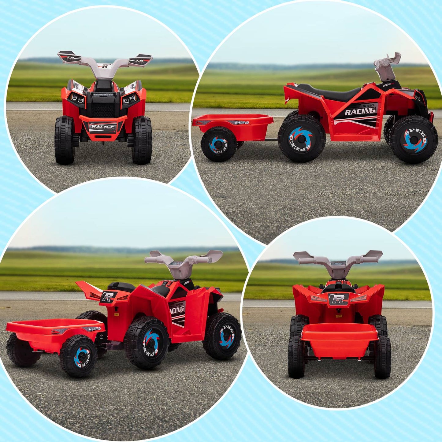Electric quad bike with trailer, Reversible gear, Red, 25 kg Capacity
