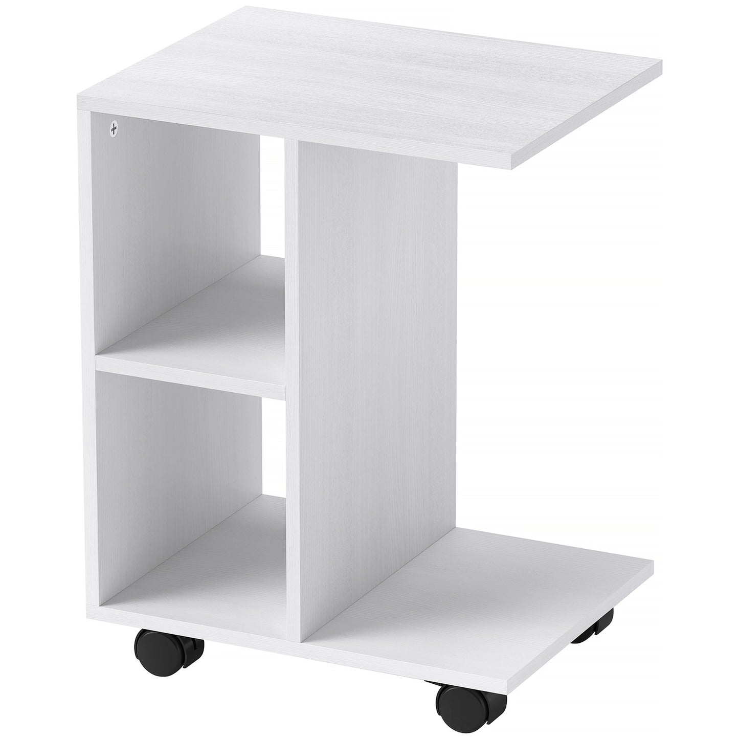 C Shape side table with wheels for small spaces, white