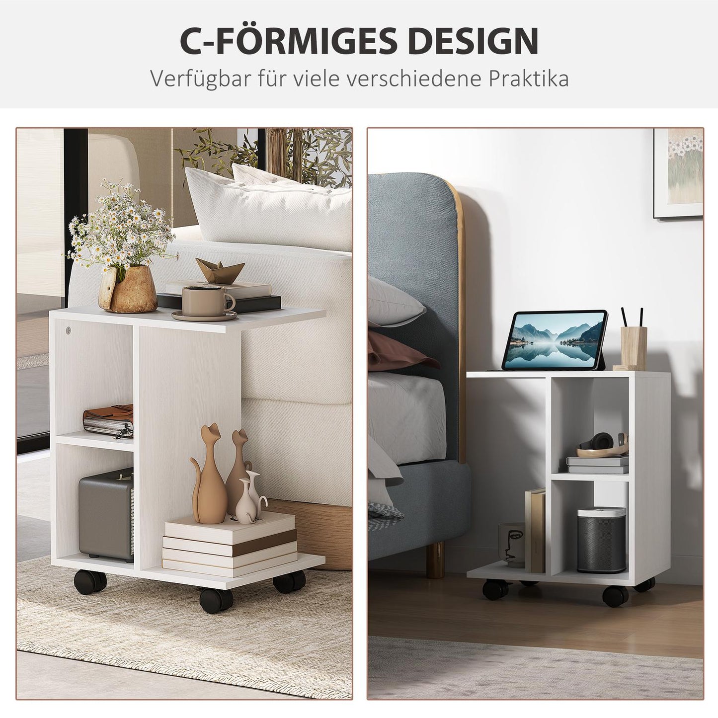C Shape side table with wheels for small spaces, white
