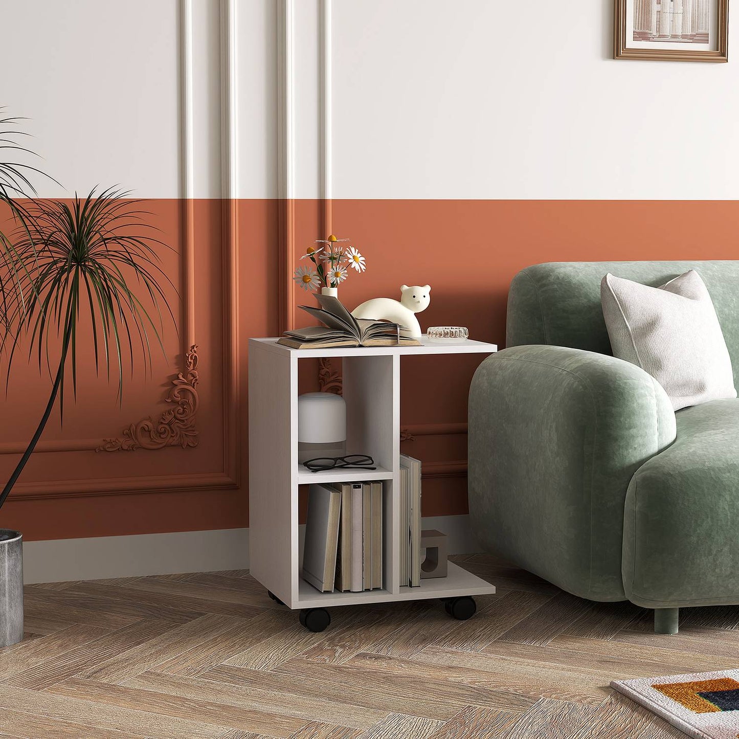 C Shape side table with wheels for small spaces, white