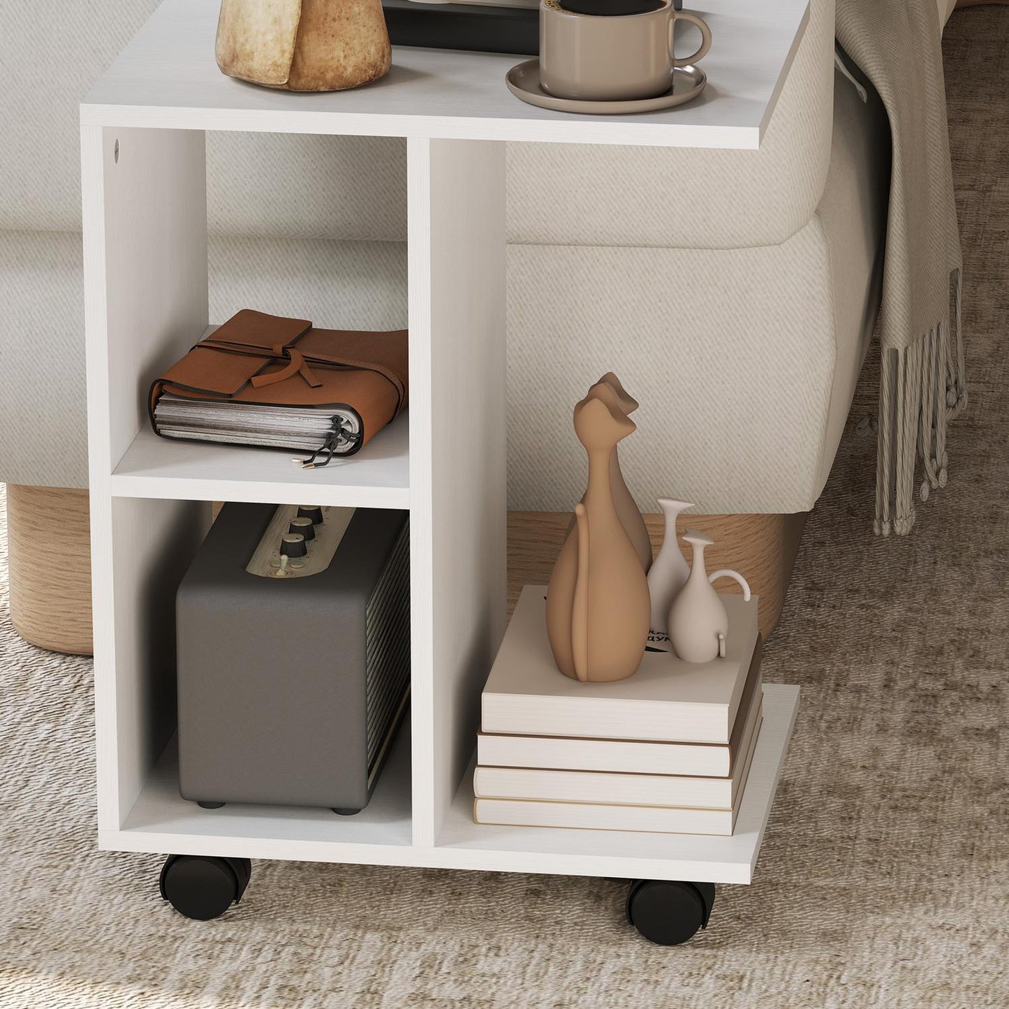 C Shape side table with wheels for small spaces, white