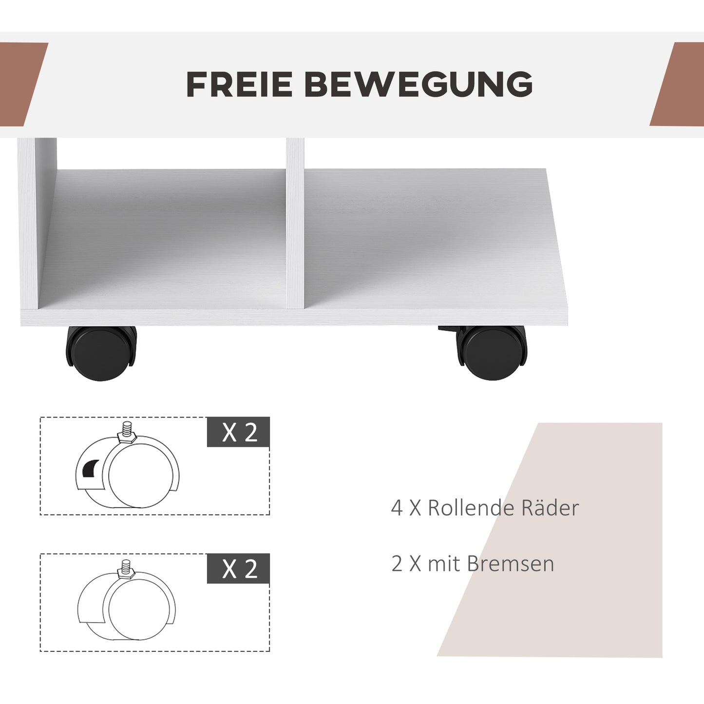 C Shape side table with wheels for small spaces, white