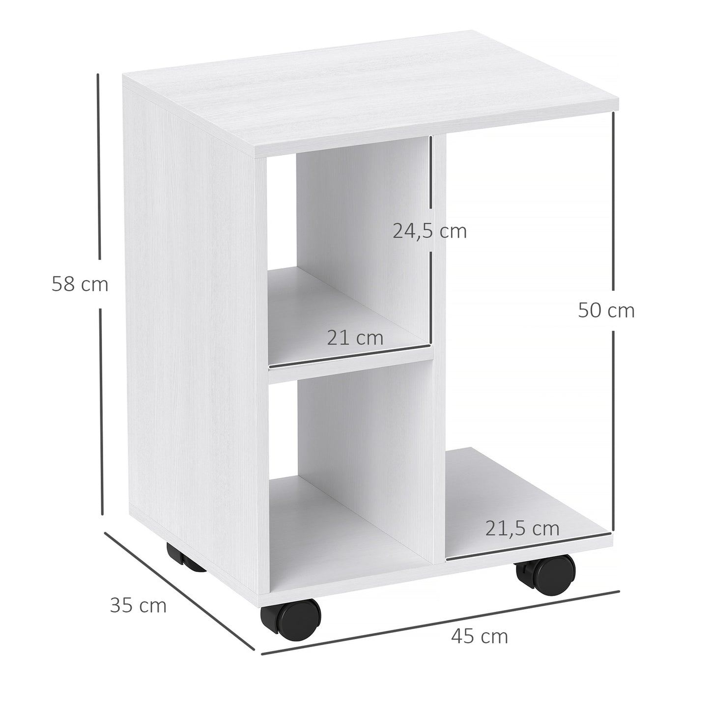 C Shape side table with wheels for small spaces, white