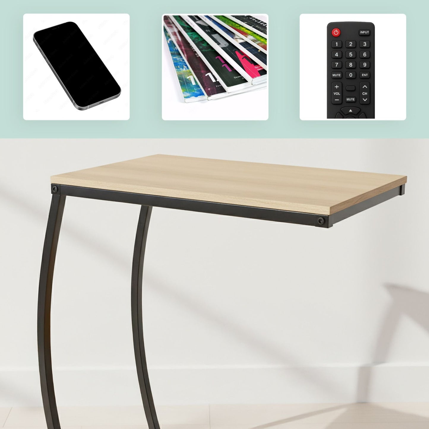 C-Shaped End Table – Metal & MDF, Sofa & Bed Use