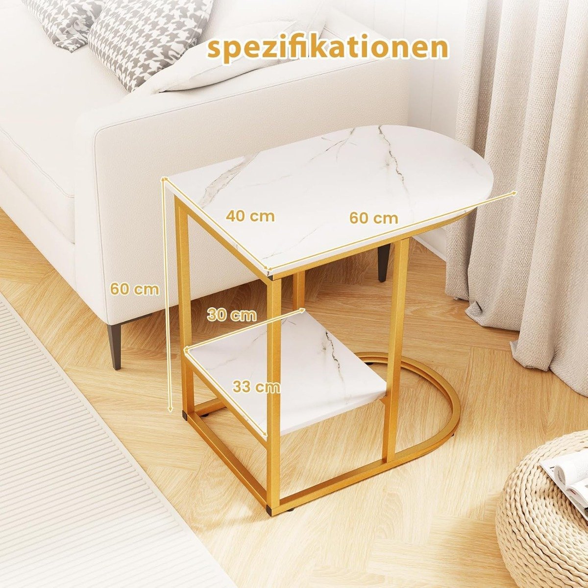 C-Shaped Side Table, Faux Marble, 2-Tier Storage