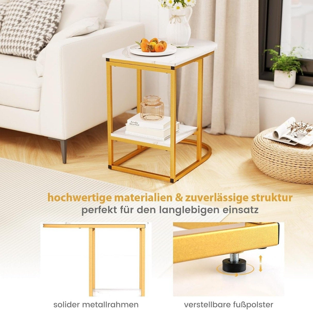 C-Shaped Side Table, Faux Marble, 2-Tier Storage